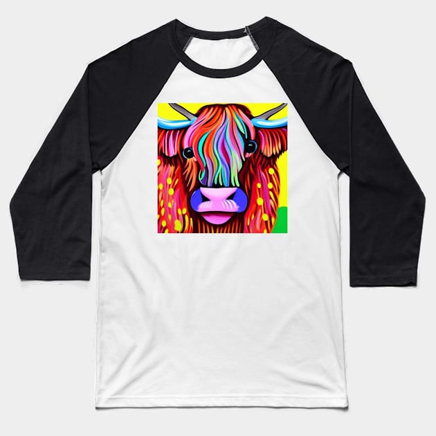 Rainbow Highland Cow Baseball T-Shirt by TrapperWeasel